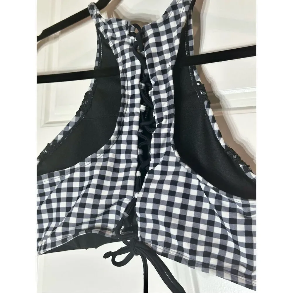 Betsey Johnson size L swim bikini top Gingham black/ white